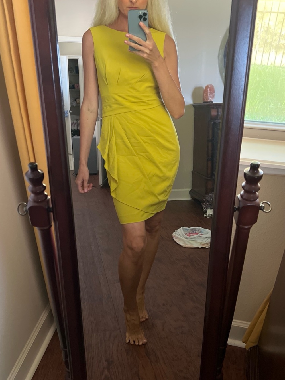 Calvin Klein Yellow Sleeveless Draped Midi Sheath Dress